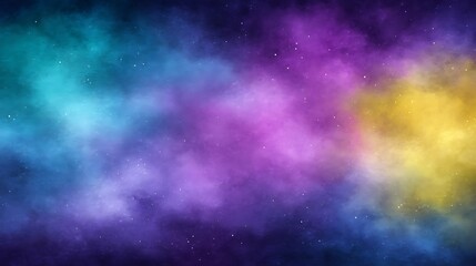 Fototapeta premium Vibrant cosmic nebula with swirling clouds of turquoise, purple, and yellow, dotted with tiny stars, creating a mesmerizing and colorful abstract background for space exploration or fantasy themes