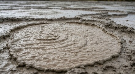 Textured surface with spiral patterns carved into wet, muddy ground