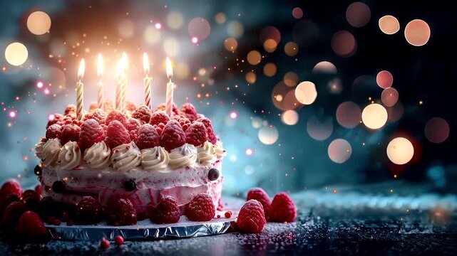 A birthday cake with lit candles and raspberries on a blue background.
