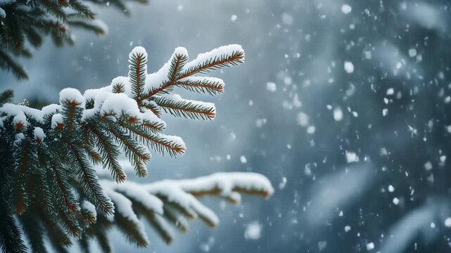 Christmas snow falling on pine tree branches, festive winter background