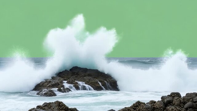 Green screen footage of ocean wave motion and splash over rocks for chroma key effect