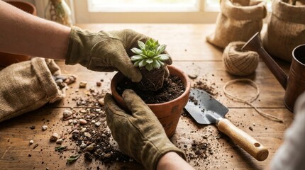 Green Botanical Hobby Planting Succulent in Terracotta Pot