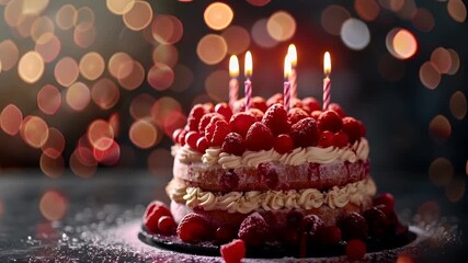 A multilayered cake with raspberries and cream frosting, set against a bokeh background. The cake is adorned with lit candles, casting a warm glow. The berries are a vibrant red.