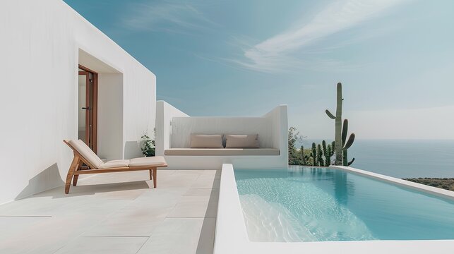 close-up of a minimalist wooden chair in one corner of the terrace, with cacti nearby. a beige sofa against a wall with a small window opening, under a blue sky, creating a calm