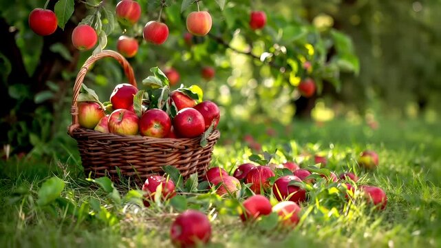 A closeup of a basket filled with red apples on a grassy field. The apples are in various stages of ripeness, with some still in the process of being picked.