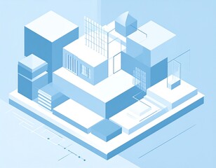 Fototapeta premium Isometric view of a stacked, abstract geometric structure in varying shades of blue, with architectural-style components