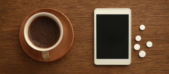 Coffee, Tablet, Pills on Wooden Table.