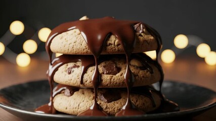 Gourmet Chocolate Dessert: Stack of Warm Chocolate Chip Cookies Topped with Rich Melting Syrup, Sweet Food and Baking - Powered by Adobe