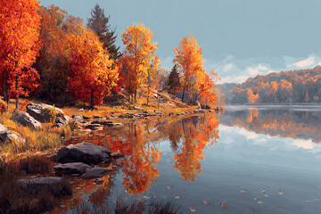 Obraz premium Vibrant autumn trees reflect in a calm lake surrounded by rocky shores and distant rolling hills under a pale blue sky