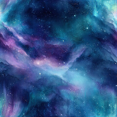 Vibrant cosmic nebula with swirling clouds of blue purple and teal gas and distant stars