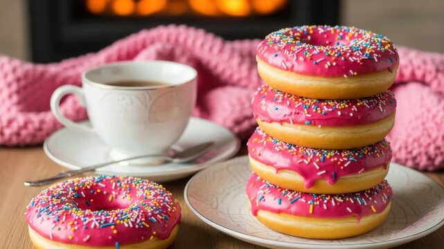 Cozy Sweet Treat: Stack of Pink Iced Donuts with Sprinkles Next to a Warm Cup of Coffee by a Fireplace, Winter Dessert