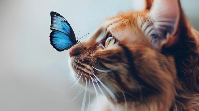 close-up photograph of an orange cat with a blue butterfly on its nose, side view, light gray background
