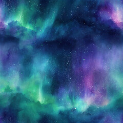 Vibrant aurora borealis lights up a starry night sky with swirling cosmic clouds