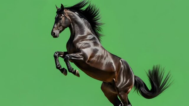Galloping and rearing brown horse animation on green screen, for video editing, chromakey usage, and special effects sequence