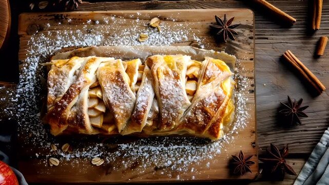 A topdown view of a rustic wooden table showcasing a freshly baked apple pie with a goldenbrown crust and a creamy filling. The pie is adorned with a dusting of powdered sugar.