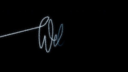 A monochrome smoke plume with a vibrant neon glow exhibits electric motion against the lightless blue design it says "Welcome"