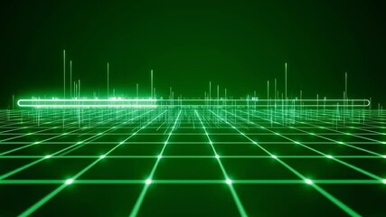 Digital grid background with glowing lines and progress bar filling then displaying data fluctuations for technology and network concept. - Powered by Adobe