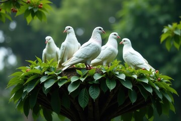 Several white pigeons roosting in a tree's crown , outdoor, daylight, sunlight