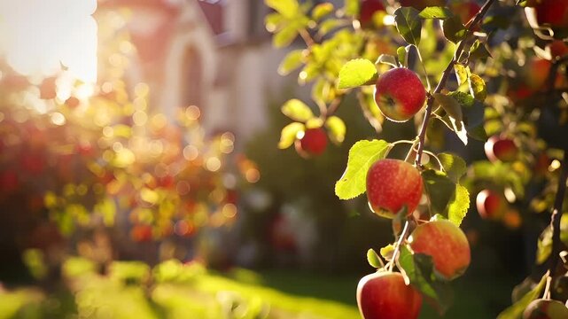 A vivid, sunlit scene of an apple orchard with red apples on the tree branches. The sun casts a warm, golden hue over the scene, creating a lens flare effect.