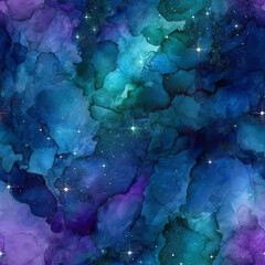 Abstract watercolor galaxy nebula with vibrant blue purple and teal hues and subtle star specks