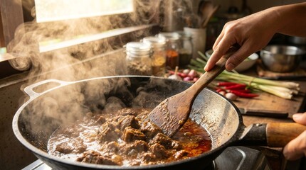 Authentic Culinary Cooking Beef Rendang in Traditional Wok