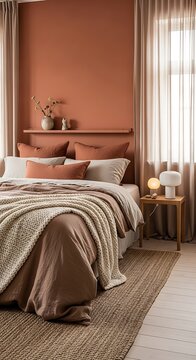 Cozy Bedroom Interior with Earthy Tones and Minimalist Decor.