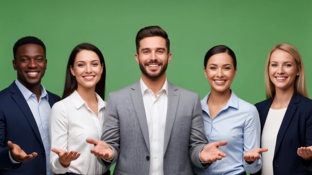 Man and two women turning into a diverse business team on green screen, chromakey background for corporate presentation