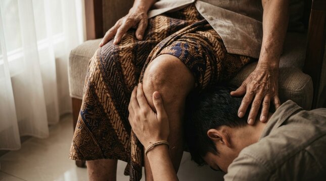 Emotional Forgiveness Sungkem Tradition Touching Elder's Knees