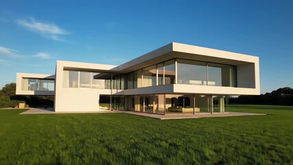 Modern architecture exterior with large glass windows and green grass field