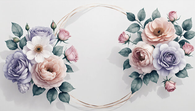 Delicate floral frame for invitations, weddings, or elegant stationery designs featuring roses, leaves, and pastel colors with a modern, stylish aesthetic