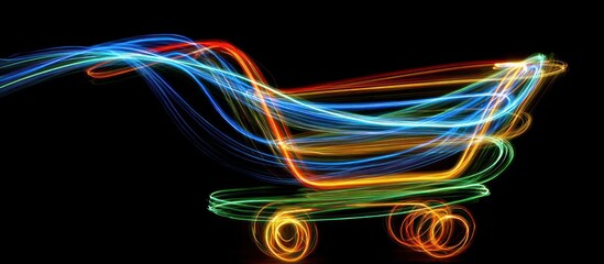 Colorful light trails shopping cart on black background.