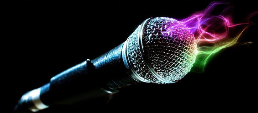 Colorful microphone with smoke effect on black background.