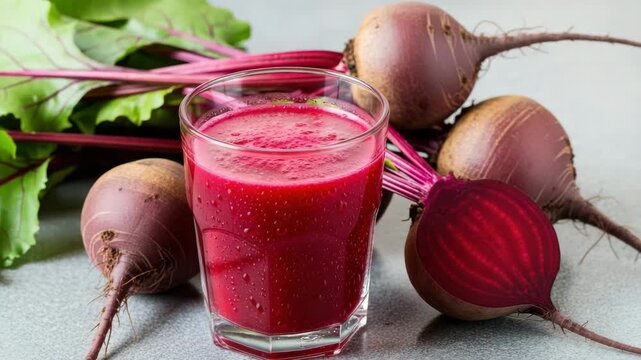 Vibrant Root Vegetable: Glass of Fresh Red Beetroot Juice Surrounded by Whole Beets and Greens, Detox and Healthy Diet