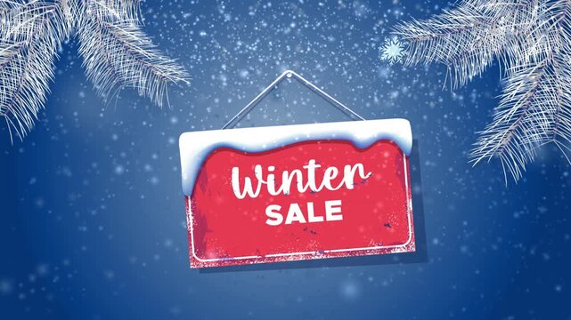 Animated video with snowfall and "winter sale" sign on blue background. 4K resolution