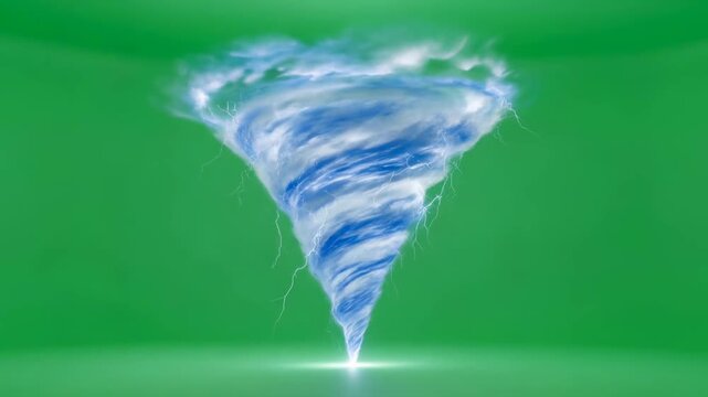 Magical blue tornado with lightning on green screen for chromakey. Energy whirlwind effect for visual project.