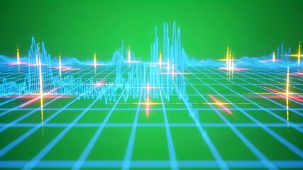 Blue equalizer line moving on a grid with vibrant light dots. Audio waveform animation for chromakey video background. - Powered by Adobe