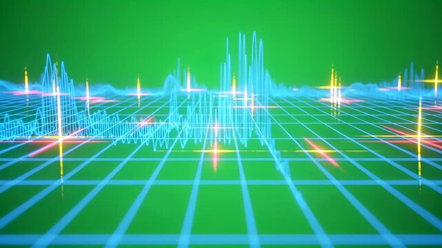 Blue equalizer line moving on a grid with vibrant light dots. Audio waveform animation for chromakey video background.
