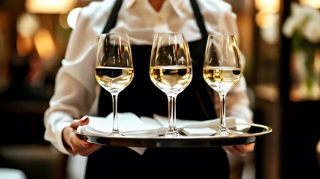 A waiter holding a tray with white wine glasses in a dimly lit restaurant setting.