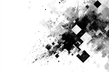 Abstract geometric pattern of fragmented squares and splatters in shades of black and white