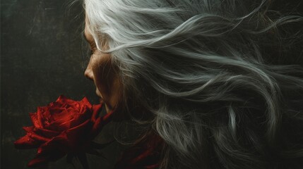 red rose framed by flowing silver hair in soft poetic closeup composition
