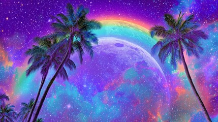 spiritual neon palm trees with cosmic fractals and vibrant psychedelic astral atmosphere