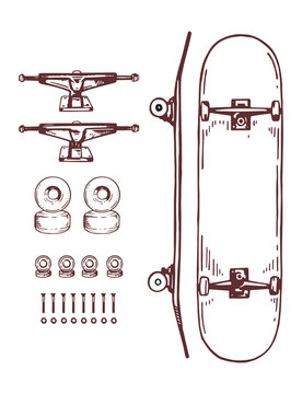 Simple line illustration of a skateboard assembly kit.