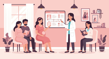 Expectant families in clinic during medical visit consultation on maternity healthcare