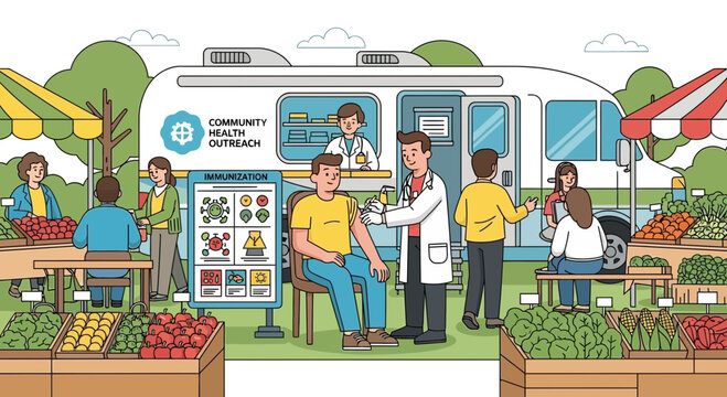 Community vaccination event with health outreach and local market atmosphere