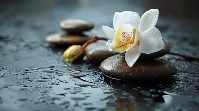 White orchid blossom resting on smooth stones with water droplets in a zen wellness scene