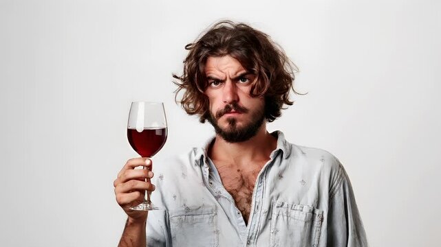 A man with long, wavy brown hair and a beard holds a glass of red wine. He is wearing a light blue shirt with a pattern of small, dark designs. The background is plain white.