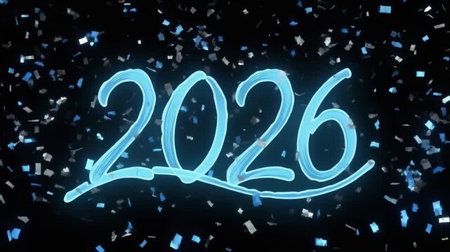 A glowing blue neon sign writing 2026 with falling confetti for a festive Christmas and New Year celebration