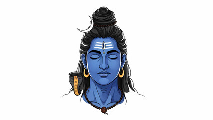 Lord Shiva meditating peacefully with closed eyes and serene expression against a white backdrop, radiating spiritual calm and inner peace.