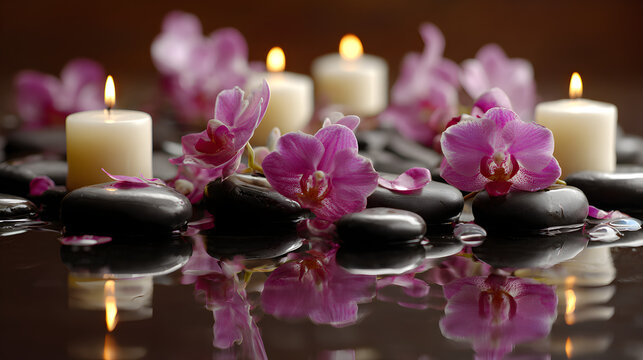 Serene spa scene with pink orchids black stones and glowing candles creating a peaceful ambiance
