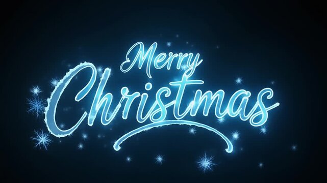 A glowing blue light beautifully traces 'Merry Christmas' lettering, creating a luminous and festive holiday greeting with sparkling accents